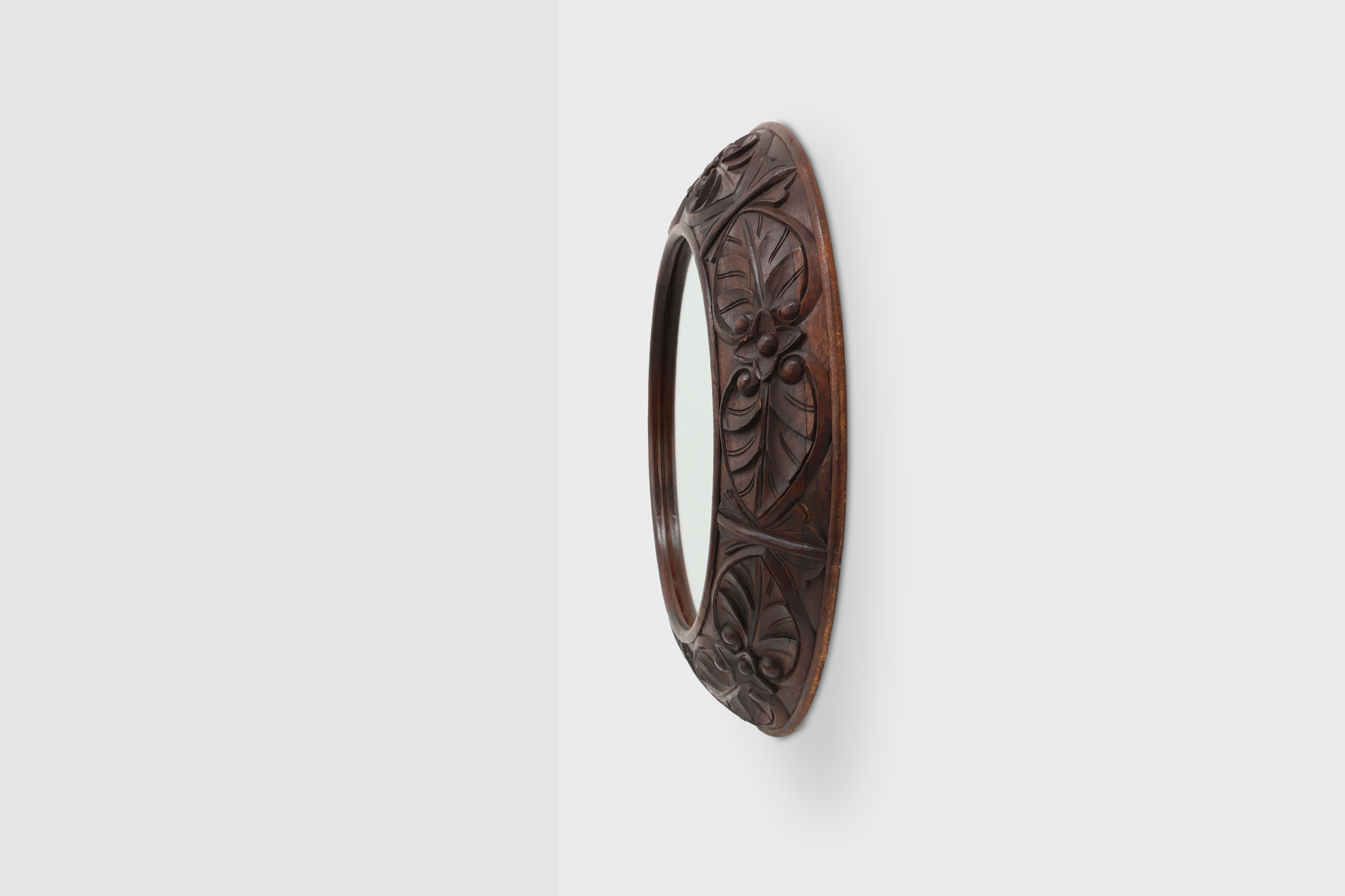 Large oak rustic wall mirror with floral carvings, France 1900sthumbnail